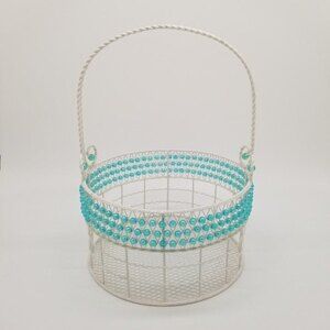 White Turquoise Beaded Wire Mesh Metal Basket Easter Spring Gift Home Decor